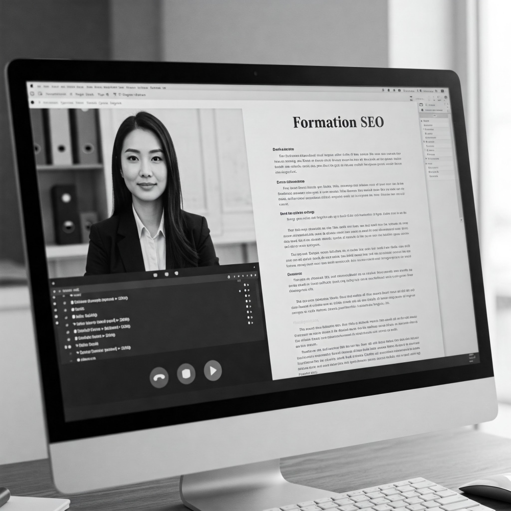 Ecran de PC avec visio pour formation SEO Jim Cricket