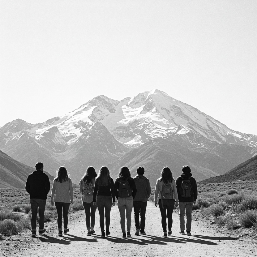 Groupe de jeunes marchant vers une montagne
